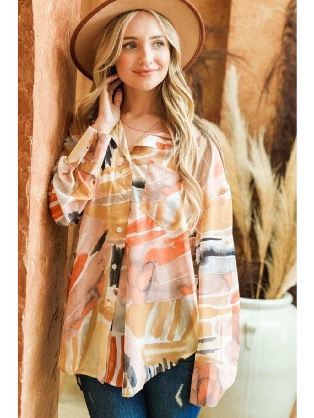 Villa Amber Oversized Button Down Shirt in Watercolor Terracotta Small - Picture 2 of 9